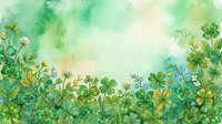 Watercolor green shamrock and wildflower border with soft pastel background, copy space for St. Patricks Day greeting cards and banners.