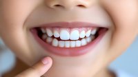 Close up of bright white healthy teeth and genuine smile showing dental care and oral hygiene results, finger pointing to corner of mouth.