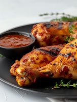 Grilled chicken legs with crispy golden skin and caramelized glaze served on black plate with spicy sauce and fresh herbs, close up food photography.