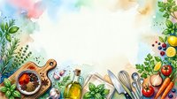Cooking ingredients and kitchen utensils frame with fresh herbs, vegetables, spices and oil on watercolor background for culinary designs.