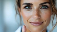 Close up portrait of young Caucasian woman with natural makeup, bright blue eyes and gentle smile looking at camera against blurred background.
