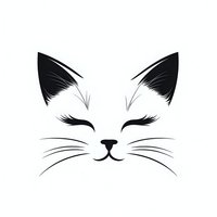 Minimalist black cat face with pointed ears, closed eyes and whiskers on white background for logo design, branding and decorative applications.
