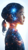 Young Asian woman profile silhouette filled with cosmic space, stars and nebula effects creating ethereal double exposure artwork in blue and orange tones.