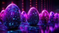 Glowing cyber eggs with circuit pattern design in neon purple and blue colors on reflective surface against dark background with bokeh lights create futuristic atmosphere.