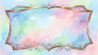 Watercolor gradient background with ornate decorative frame border, soft pastel colors blending from blue to pink to green, isolated on transparent background for design projects.