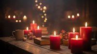 Cozy winter evening scene with red candles, books, coffee cup and warm bokeh lights creating festive holiday atmosphere for seasonal home decor.