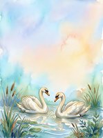 Two white swans glide gracefully across a serene pond surrounded by aquatic plants and reeds, rendered in soft watercolor tones with pastel sky and water reflections.