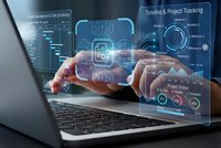 Businessman touching holographic digital interface with CPU chip and data analytics on laptop screen for futuristic technology concept.