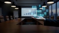 Businesswoman holding holographic lifeong learning icons above conference table with digital display and cityscape background for corporate training.