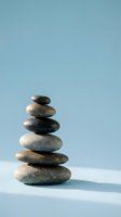 Zen stone stack balanced on white surface against soft blue background for meditation wellness spa therapy and mindfulness practices.