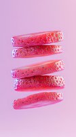 Stacked pink translucent slices with water droplets and glitter floating in space against soft purple background, creating modern minimalist composition for beauty products.
