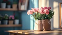 Pink carnations in ceramic vases on wooden table with soft natural window light casting shadows. Cozy home interior with blurred bookshelf background creates serene atmosphere.