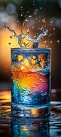 Dynamic water splash in glass with ice cubes and colorful lighting effects creating vibrant reflections and droplets for beverage advertising campaigns.