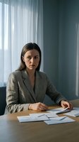 Professional businesswoman in gray suit working with documents at office desk near window with natural lighting for corporate presentations.