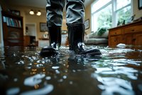 Rubber boots standing in flood water inside living room with furniture and window visible, dramatic low angle view showing water damage and home flooding disaster.