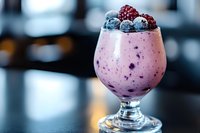 Purple berry smoothie in glass with fresh blueberries and raspberries on top. Healthy breakfast drink for nutrition and wellness lifestyle concepts.