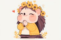 Cute cartoon hedgehog character wearing yellow jacket and sunflower crown, blushing with hands clasped, surrounded by hearts and floral elements on light background.