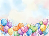 Colorful balloons with confetti and ribbons float against a soft pastel watercolor background, ideal for celebrations, invitations, and festive designs.