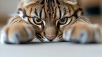 Close-up portrait of adorable tabby kitten with striking amber eyes lying down, showcasing detailed fur patterns and whiskers for pet photography.