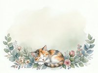 Watercolor sleeping kitten surrounded by delicate flowers and green leaves on soft pastel background with copy space for text.