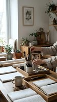 Artist organizing paintbrushes and art supplies on wooden desk in bright creative studio workspace with plants and natural light for artistic projects.