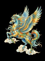 Ornate winged horse with golden armor and flowing mane, isolated on transparent background, ready for stickers, sublimation, t-shirt design, and print on demand.