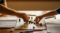 Two people playing strategic board game with colorful pieces on wooden table in warm indoor setting for family entertainment and leisure activities.