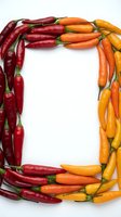 Fresh red and orange chili peppers arranged in a rectangular frame border on white background. Suitable for food, cooking, recipe, and culinary design projects.