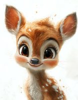 Adorable baby deer character with big expressive brown eyes and spotted fur, smiling sweetly against white background. Artistic digital illustration for children's books.