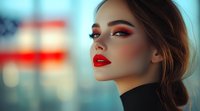 Young Caucasian woman with red lipstick and dramatic eye makeup in profile view against blurred American flag background. Professional beauty portrait with moody lighting.