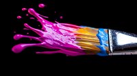 Paint brush with splashing pink paint drops against black background, dynamic motion capture of bright magenta color mixing with metallic brush handle.