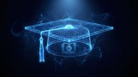 Glowing blue wireframe graduation cap with digital network connections and light particles on dark background, representing online education and learning technology.
