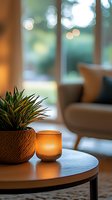 Cozy home interior with glowing candle and potted plant on round coffee table, soft bokeh window light creates warm atmospheric mood for relaxation.
