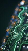 Close-up of green circuit board pathways with glowing traces and components, blurred bokeh lights in background. Use for technology, electronics, computing, innovation, and digital transformation concepts.