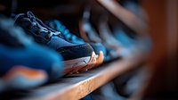 Close-up of blue and black athletic shoes with orange accents lined up on wooden surface, showcasing footwear design and sneaker collection details.