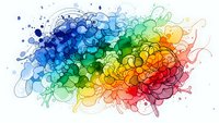 Abstract watercolor rainbow splash with flowing organic shapes and paint splatters on white background for creative design projects.