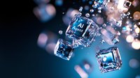 Glowing blue cubes with AI text floating in dark space surrounded by sparkling water drops and bokeh lights, futuristic technology concept for artificial intelligence.