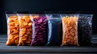 Assorted colorful dried vegetables and seeds in transparent plastic bags on dark background, healthy snacks and ingredients for cooking and garnishing.