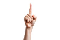 Caucasian hand showing number one or pointing up gesture isolated on white background. Clean minimal composition for business and education concepts.