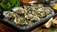 Fresh oysters on half shell garnished with herbs and sauce served on black stone platter with lemon wedges, perfect for restaurant menu and food photography.