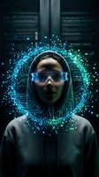 Young male with East Asian ethnicity wearing futuristic blue-tinted glasses and hoodie, surrounded by glowing cyan digital particles and circuit patterns, representing artificial intelligence, virtual reality, and advanced technology concepts for tech innovation designs.