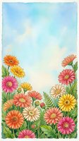 Watercolor gerbera daisy garden with colorful blooms in pink, orange, yellow framing a soft blue sky background with copy space.