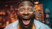 African American man with beard and glasses making exaggerated surprised expression in bar setting with warm ambient lighting.