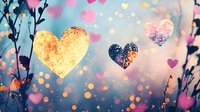 Glowing golden and pink hearts floating in dreamy bokeh atmosphere with silhouettes of spring branches against soft blue sky background. Romantic valentines concept.