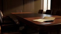 Executive boardroom with polished wooden conference table and leather chairs in warm lighting for corporate meetings and business presentations.