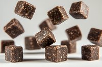 Levitating dark chocolate truffles with sea salt crystals scattered on white surface, dynamic composition showing multiple pieces in motion against neutral background.