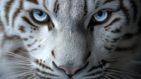 Close up view of white tiger face with striking blue eyes and detailed fur texture showing majestic feline features against dark background.
