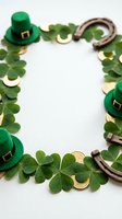 Flat lay frame featuring green leprechaun hats, lucky horseshoes, shamrock clovers and gold coins arranged in a border on white background for St. Patrick's Day celebrations.