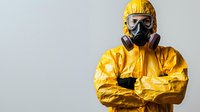 Worker in yellow hazmat suit and gas mask with crossed arms on gray background for safety training materials and industrial protection concepts.