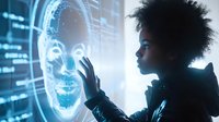 Young African American girl touching futuristic holographic face interface in dark room with blue digital technology glow.